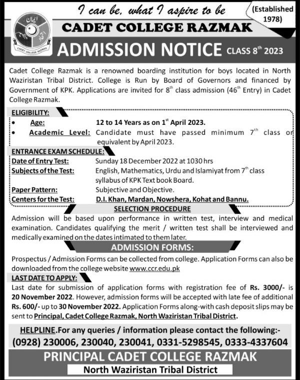 Admission 2023 Cadet College Razmak