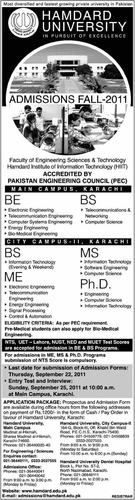 Admission In Pakistan Hamdard University Karachi BE BS MS Admission