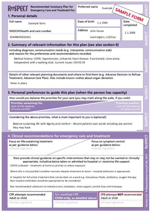 Advance Care Planning ReSPECT Forms GP Gateway