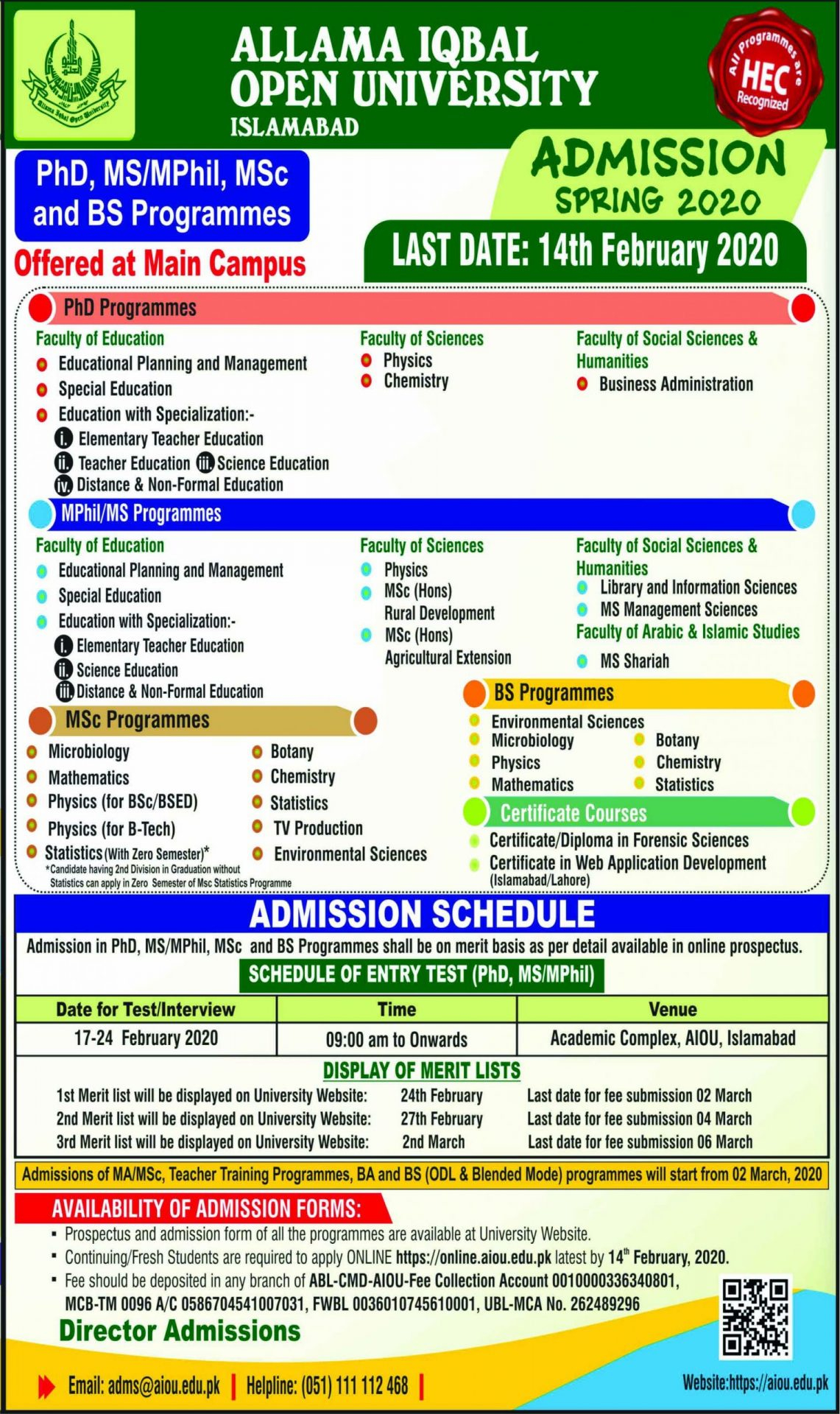 AIOU Spring Admission 2020 Form Last Date Advertisement