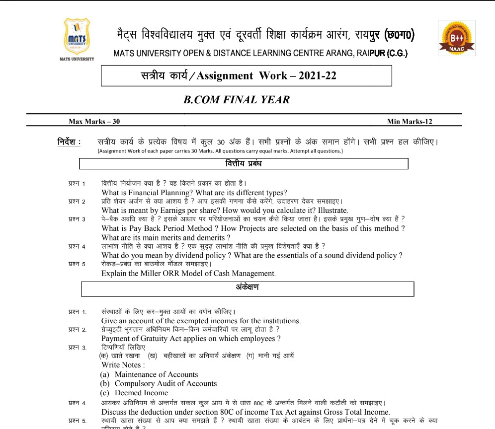 Assignment Final Year MATS University Engineering MBA IT Law 