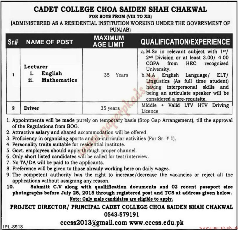 Cadet College Choa Saiden Shah Chakwal Jobs The News Jobs Ads 09 July