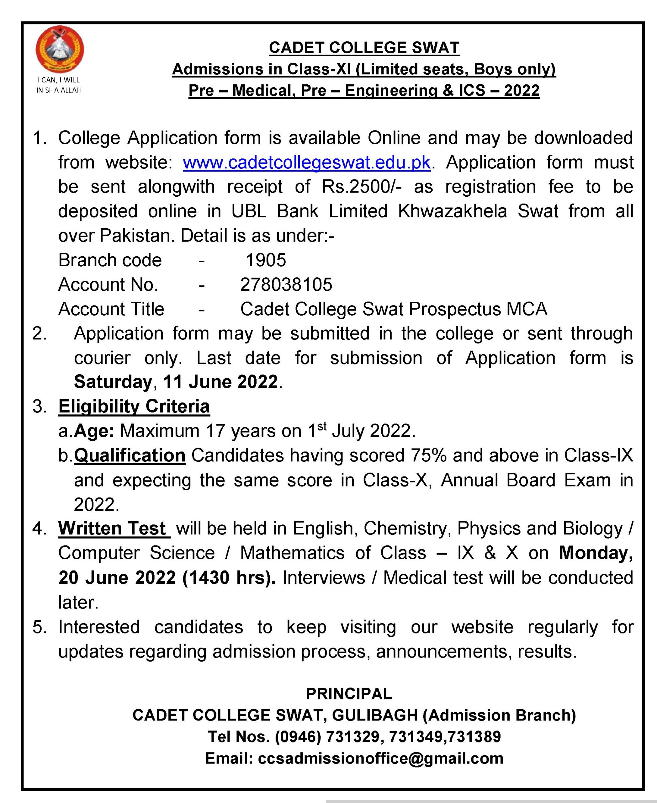 Cadet College Swat 1st Year Admission 2022 Last Date