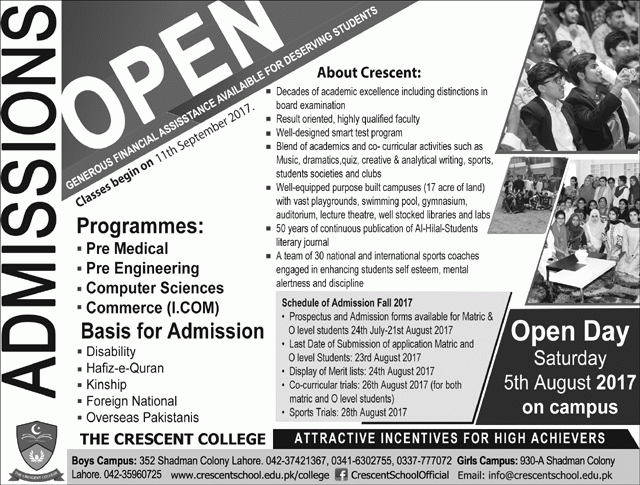 Crescent College School Lahore Admission 2022 Form Download