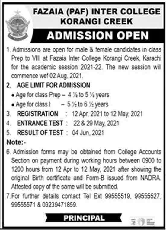 FAZAIA Inter College Malir Cantt Karachi Admission 2022 Form