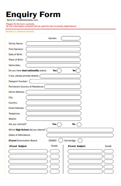 FREE 50 Enquiry Forms In PDF MS Word doc
