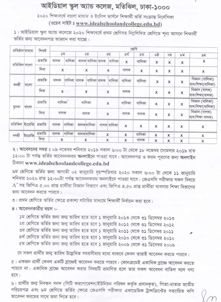 Ideal School And College Admission Circular 2023 Class 1 9 