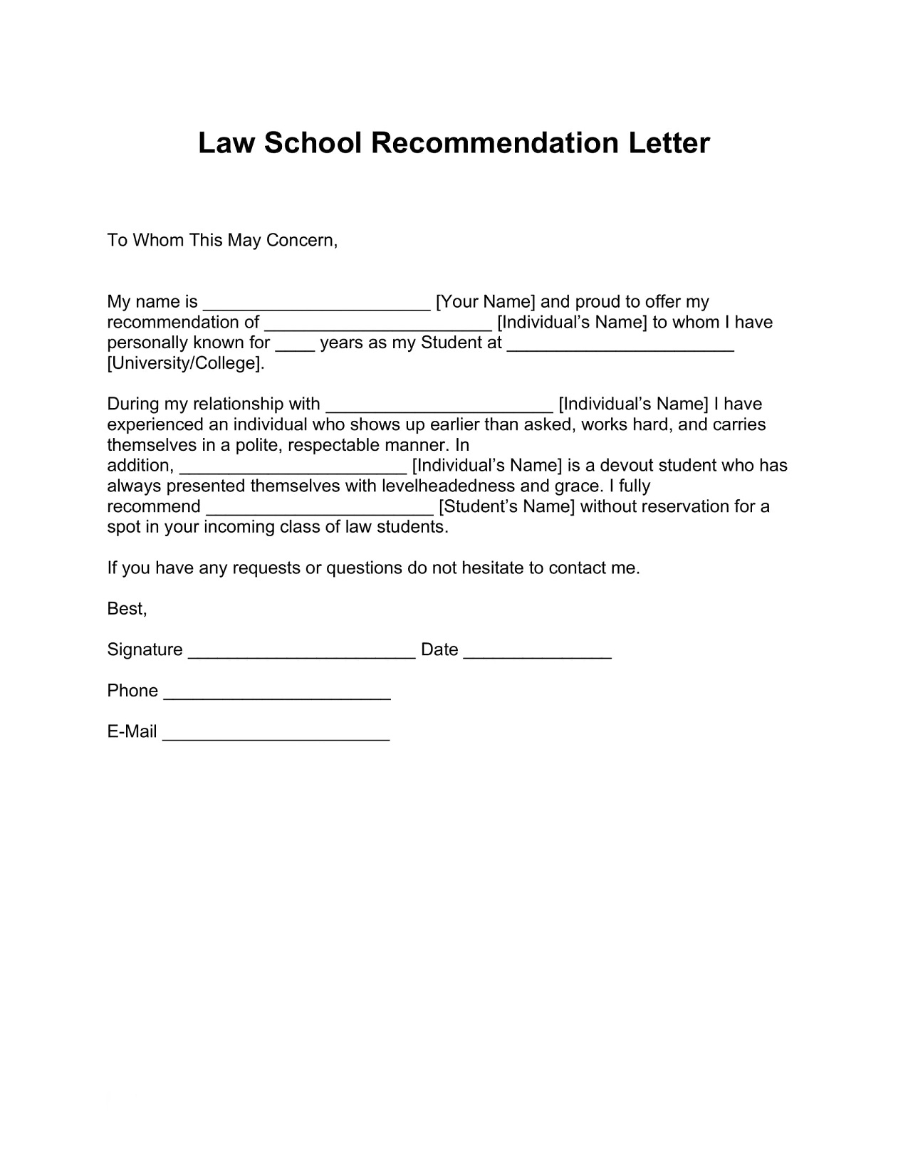 Law School Letter Of Recommendation Template Sample GeneEvaroJr