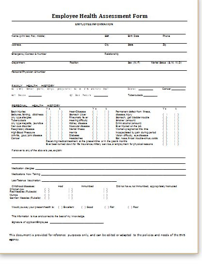 Medical Form Templates Medical History Employee Health Self 