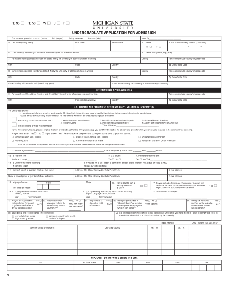 Michigan State University Application Form For Admission Free Download