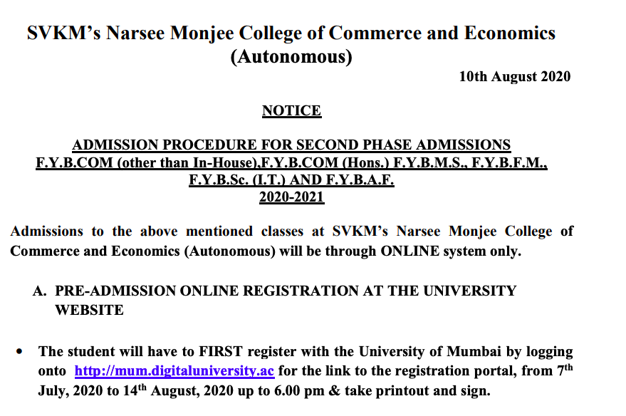 NM College Merit List 2020 Cut Off List 2nd 3rd 4th Admission List