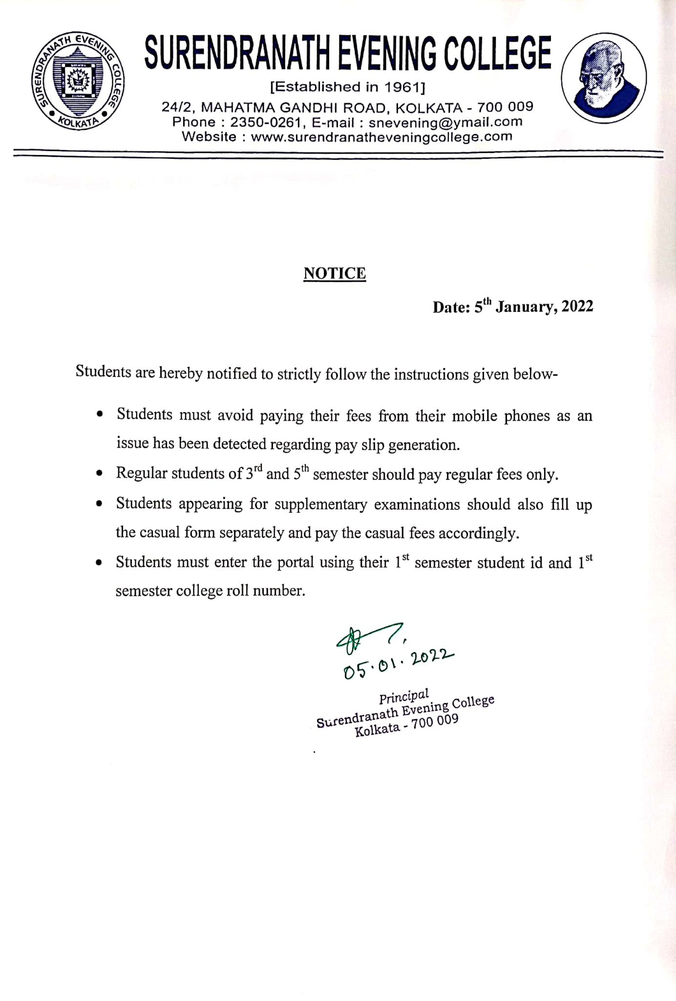 NOTICE REGARDING ONLINE FEES PAYMENT Surendranath Evening College