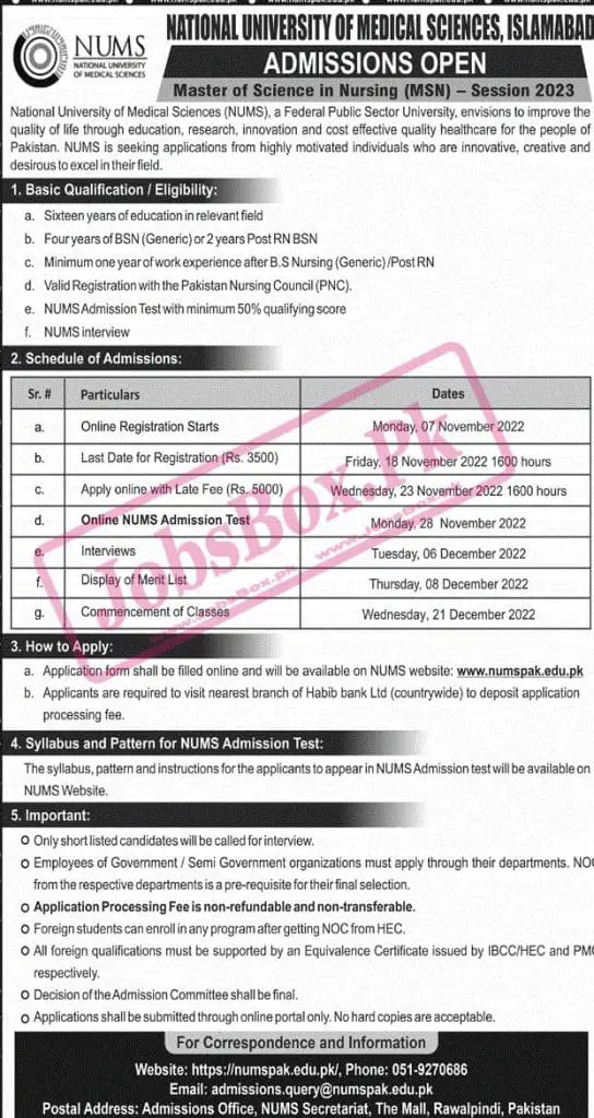 NUMS Admissions 2023 Notice Www numspak edu pk