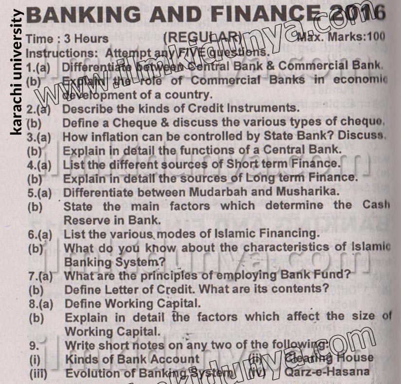 Past Paper 2016 Karachi University B Part 2 Banking And Finance 