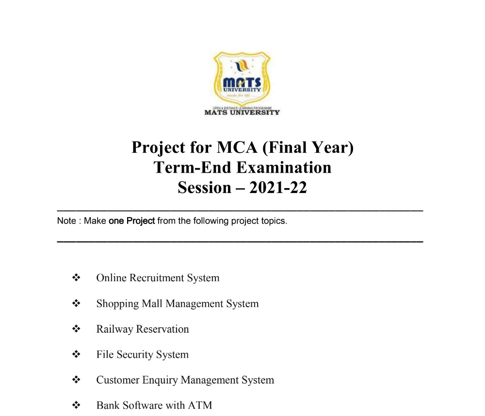 Projects Final Year MATS University Engineering MBA IT Law