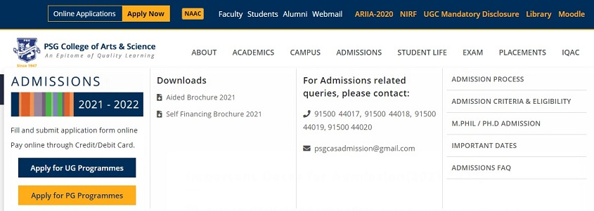 PSG College Application Form 2021 Www psgcas ac in Arts And Science