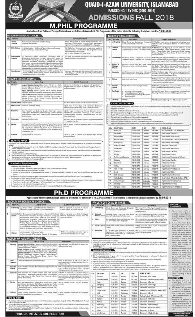 Quaid e Azam University Admission Fall 2018 Awam PK