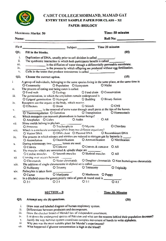 Admission Form Of Cadet College Jhang 