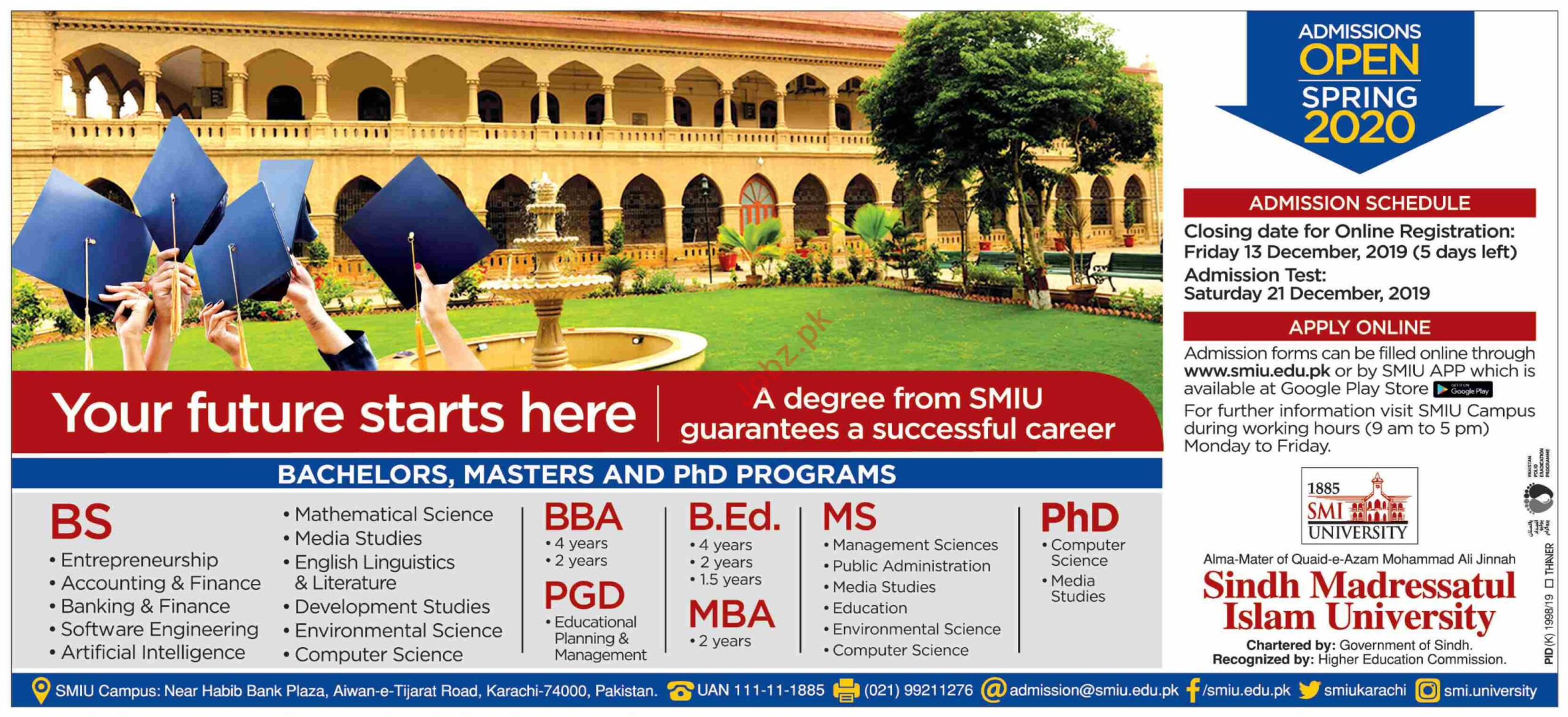 Sindh Madressatul Islam University SMIU Admissions 2020 2021 Government