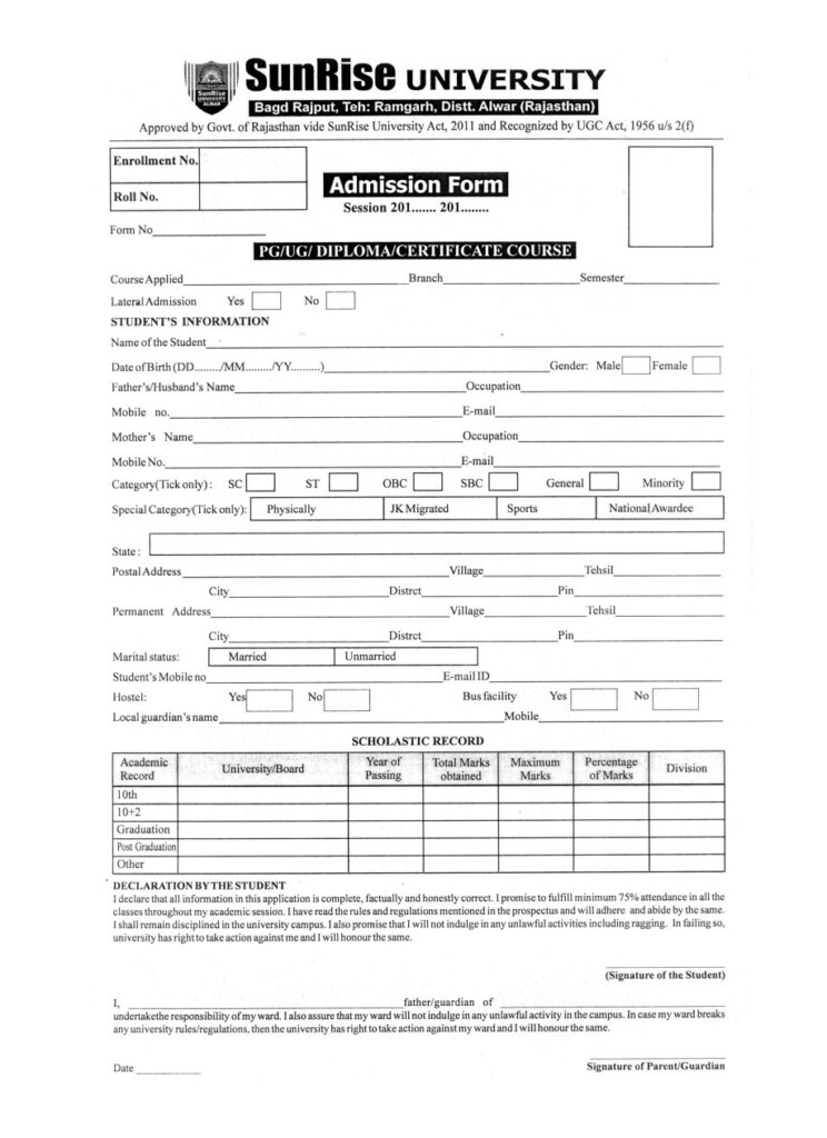 Sunrise University Admission Application Form Admission Form