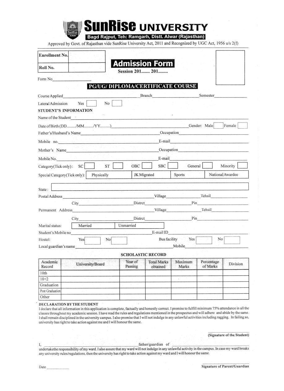 Sunrise University Admission Application Form Admission Form