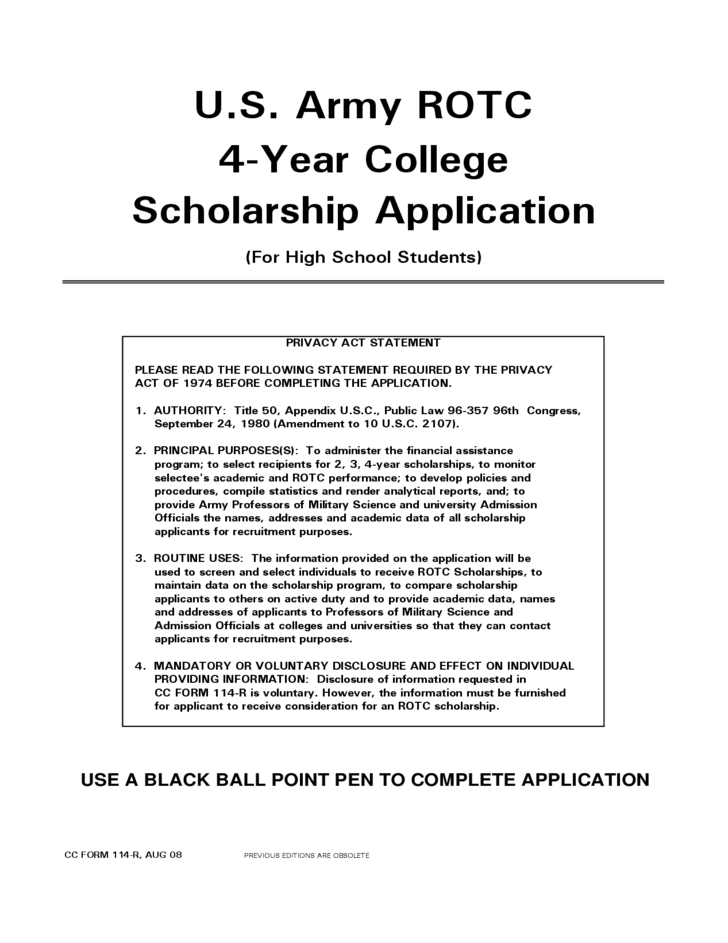 U S Army ROTC 4 Year College Scholarship Application Free Download