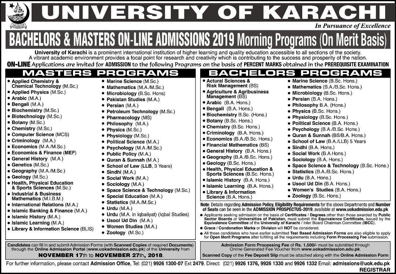 UOK University Of Karachi Admission 2019 Last Date Fee Structure And