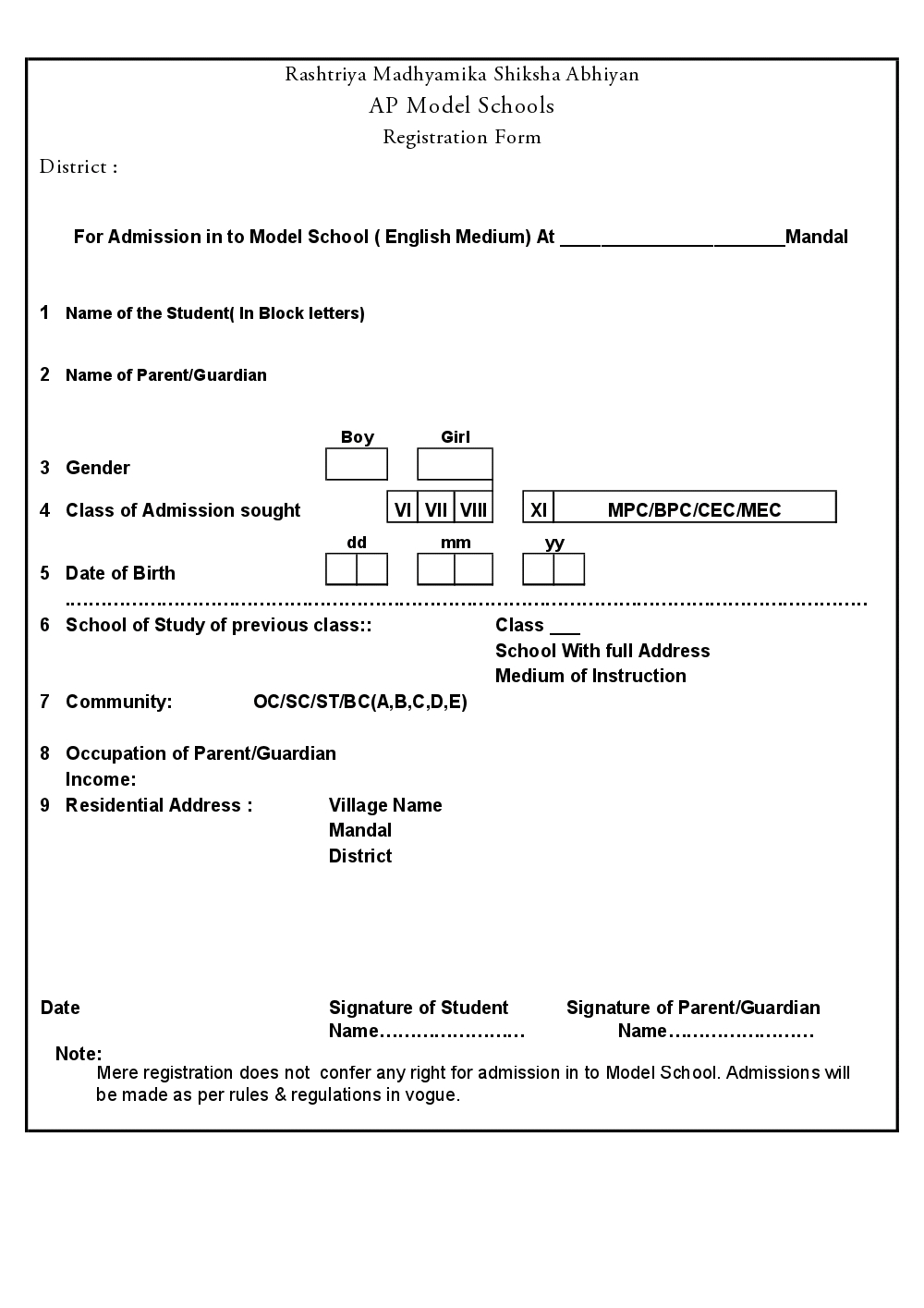 Welcome To AndhraPradesh Model Schools Forms Certificates