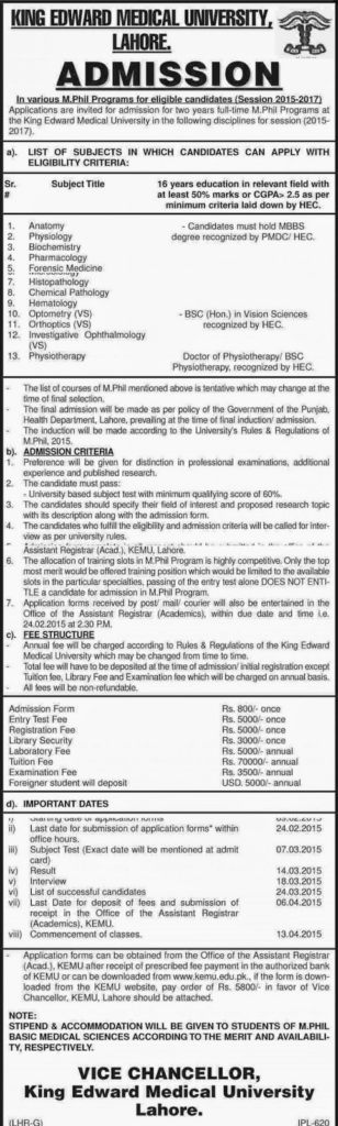 ADMISSION IN KING EDWARD MEDICAL UNIVERSITY LAHORE Education Ads