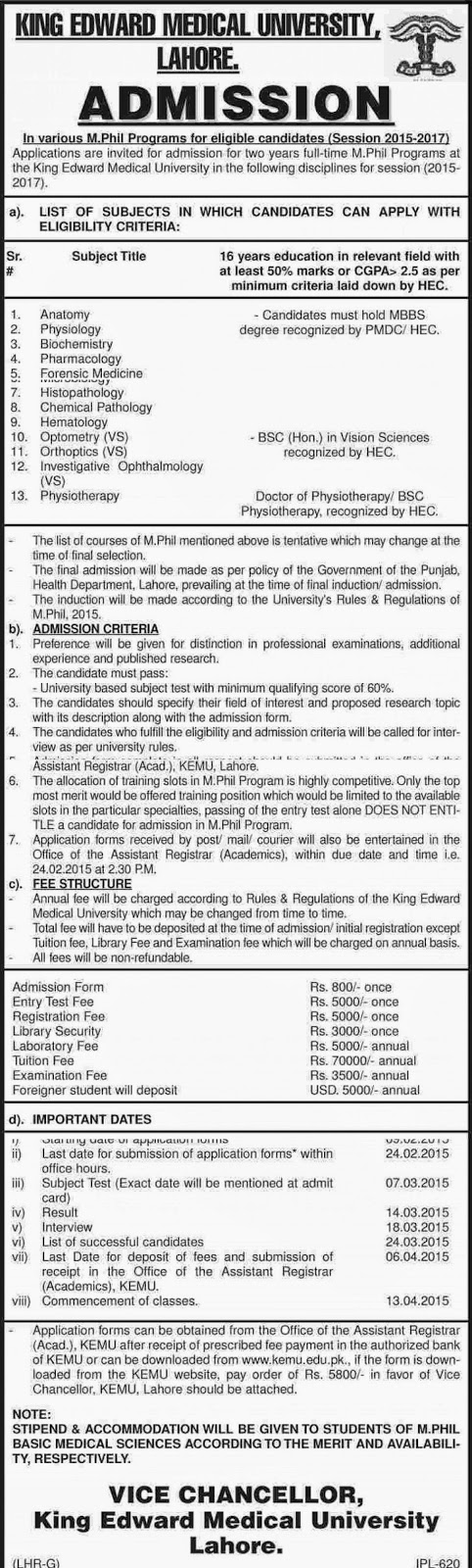 ADMISSION IN KING EDWARD MEDICAL UNIVERSITY LAHORE Education Ads