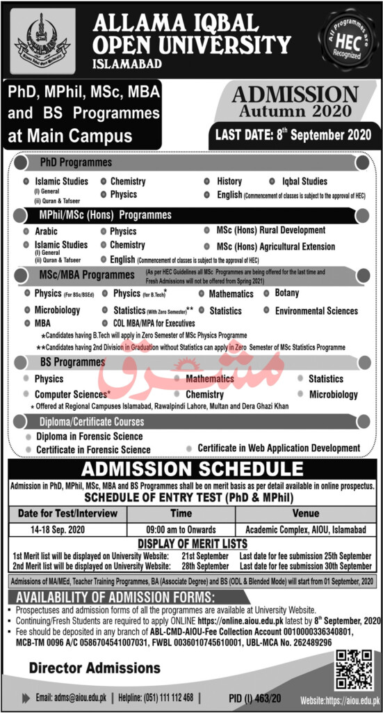 Allama Iqbal Open University Admission Form 2022 Ma English Admission 