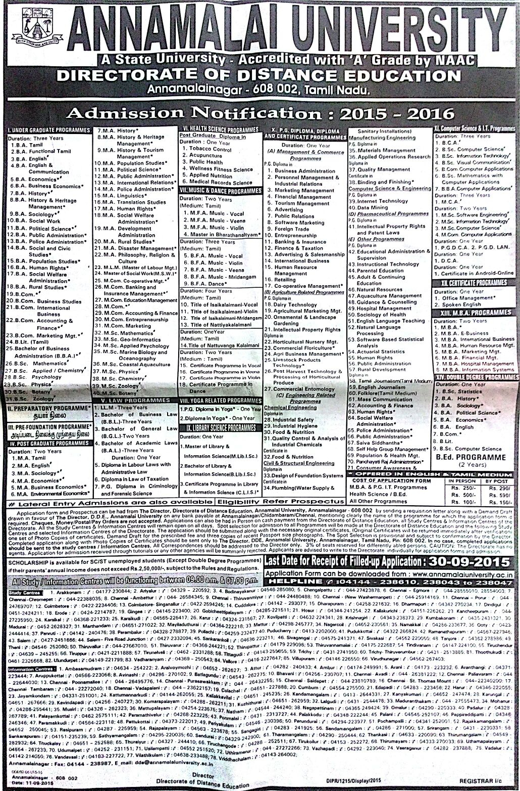 Annamalai University Admission Notification Application Form 2015 2016