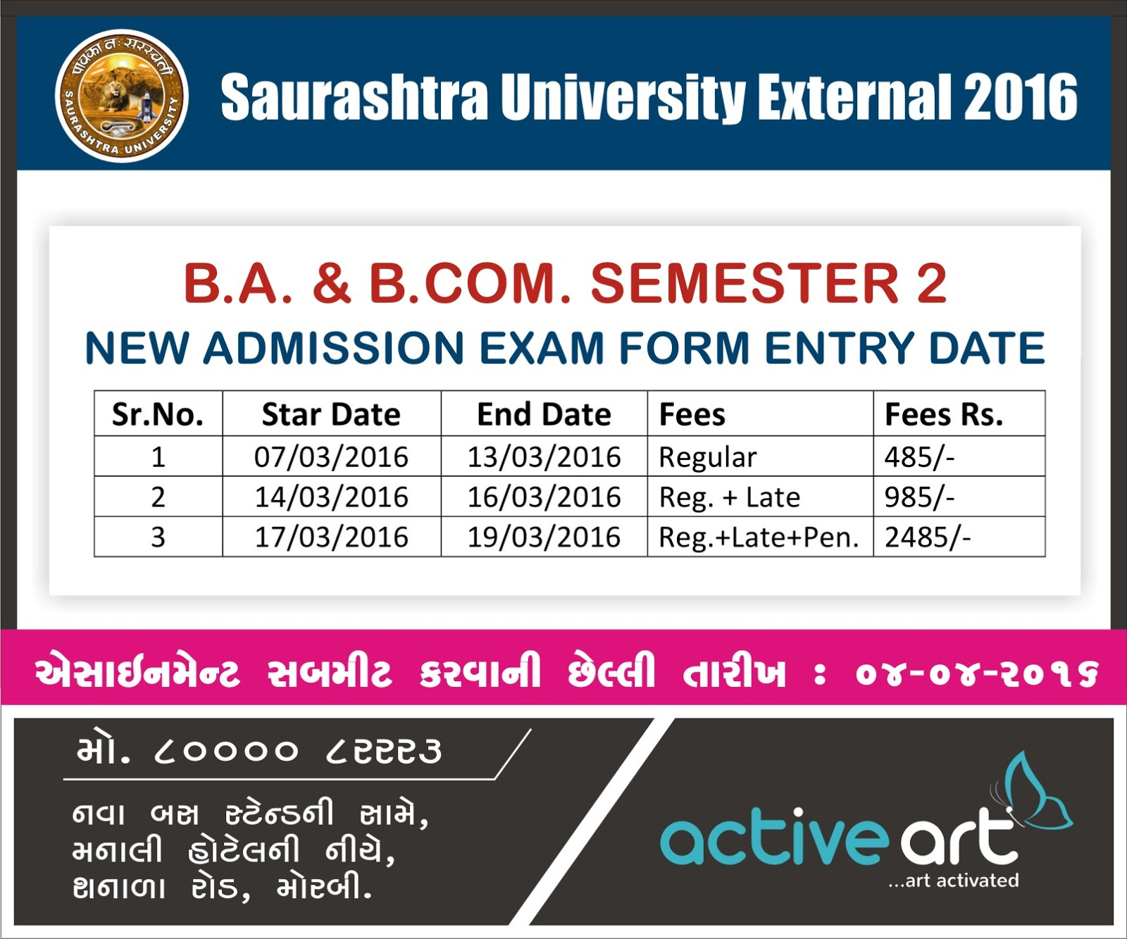 B A B Com Sem 2 Admission Exam Form Date External Saurashtra