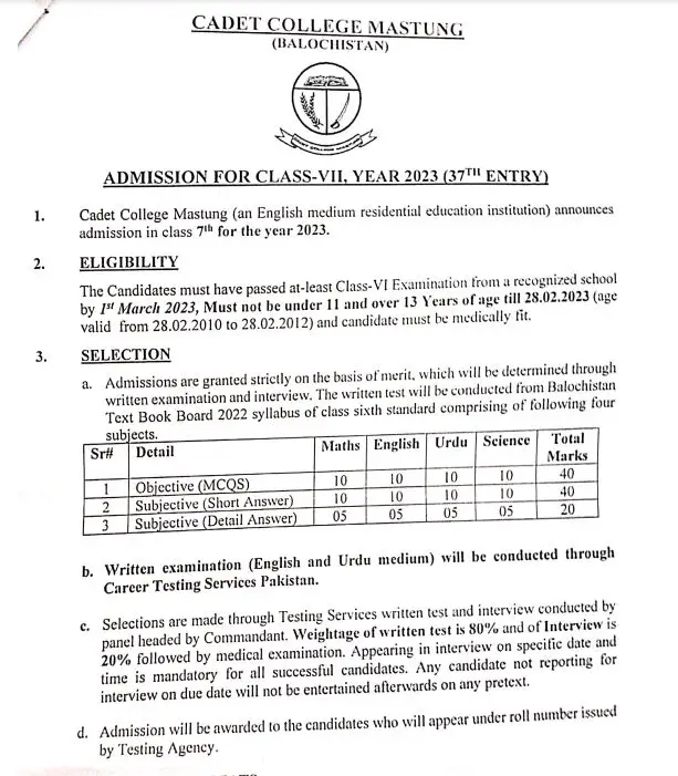 Cadet College Mustang VII Class Admission 2023 Application Form