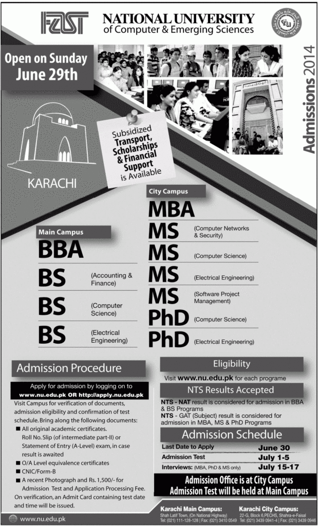 FAST University Karachi Admission 2019 Form Requirements