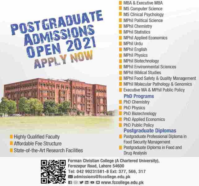 Forman Christian College FCC Lahore PhD Admission 2022