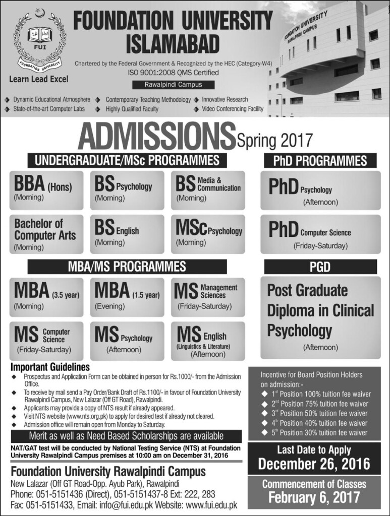 Foundation University Islamabad FUI Admissions Spring 2017 Form