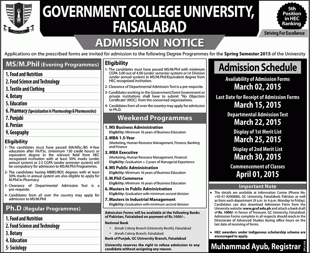 GC University Faisalabad Admission 2017 MS M Phil PhD Form Last Date