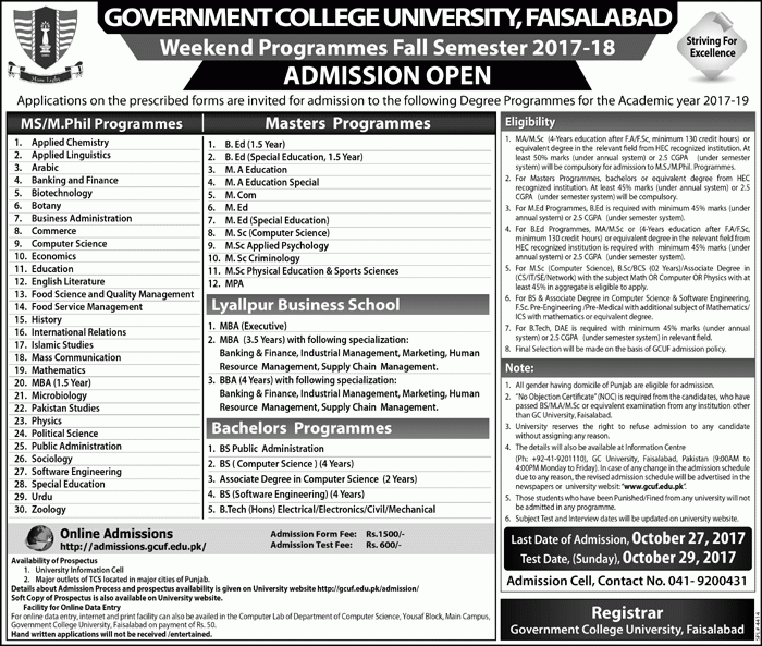 GC University Faisalabad Weekend Programs 2017 Admission Form Last