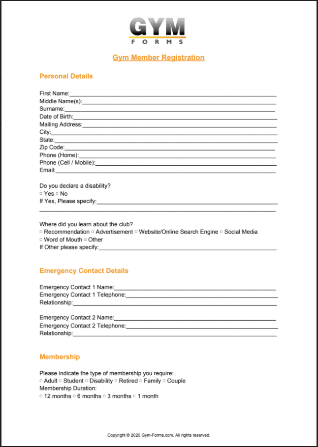 Gym New Member Registration PDF Free Printable PDF Download