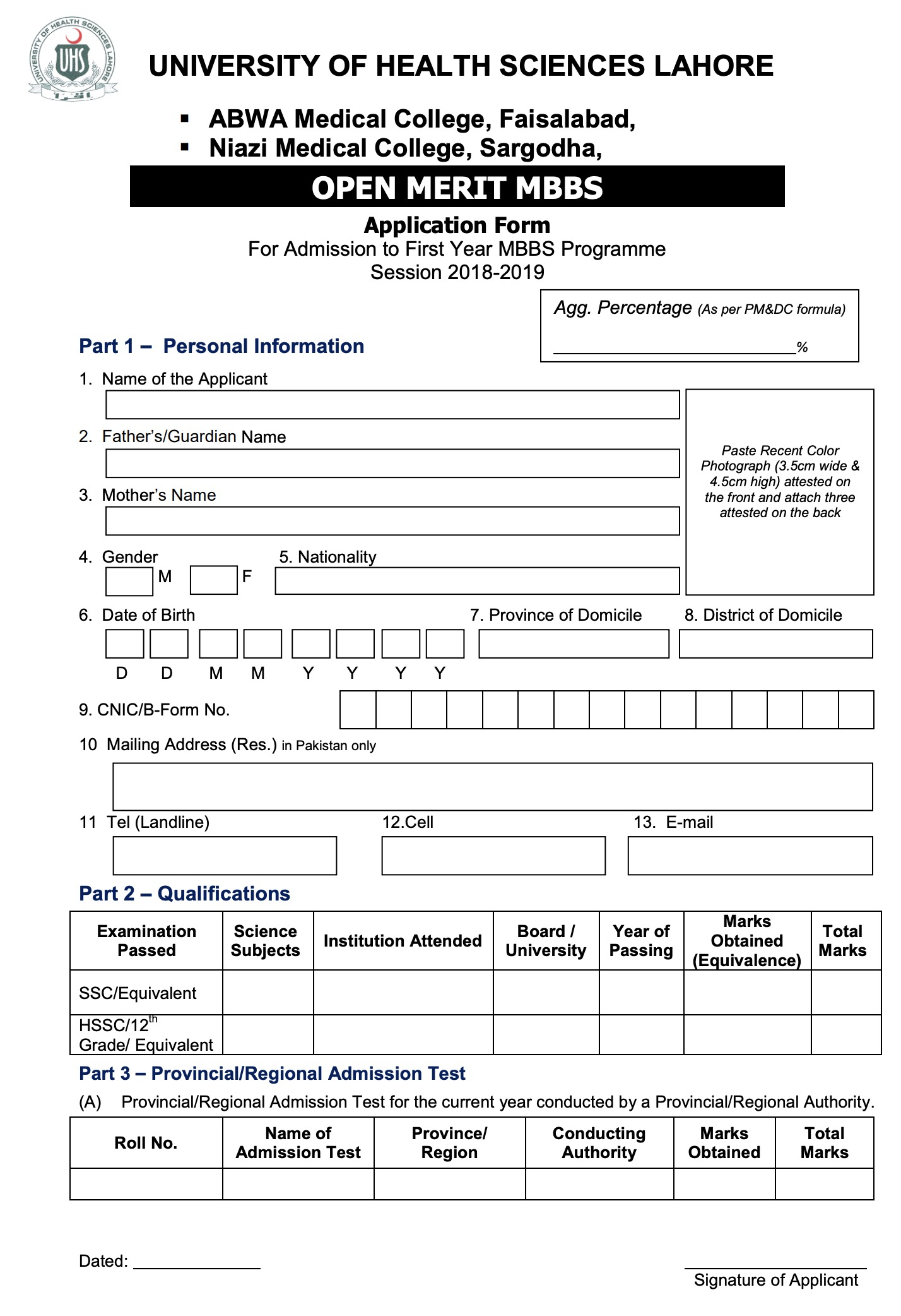 MBBS ADMISSION FORM ABWA Medical College