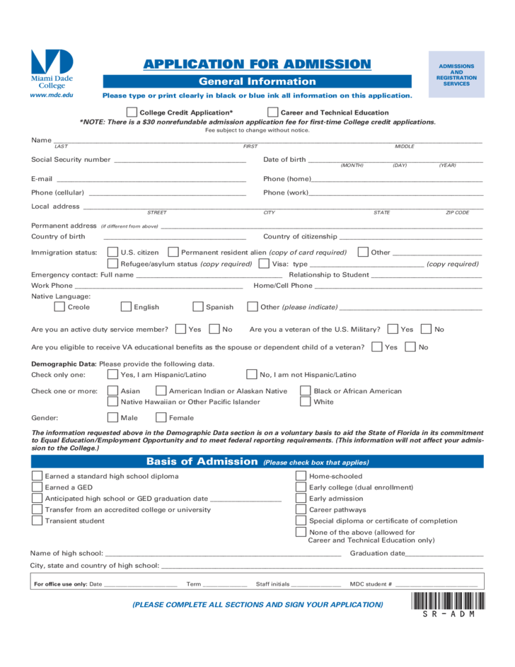 Miami Dade College Admissions Afidavait Form Admission Form