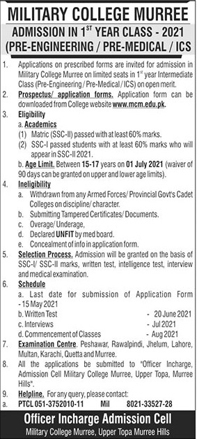 Military College Murree Admission 2022 Apply Online