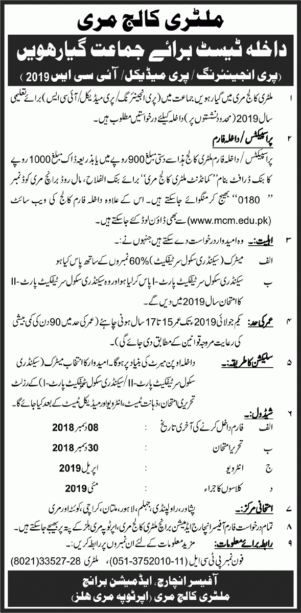 Military College Murree Admission Form 2022 1st Year Admission Form