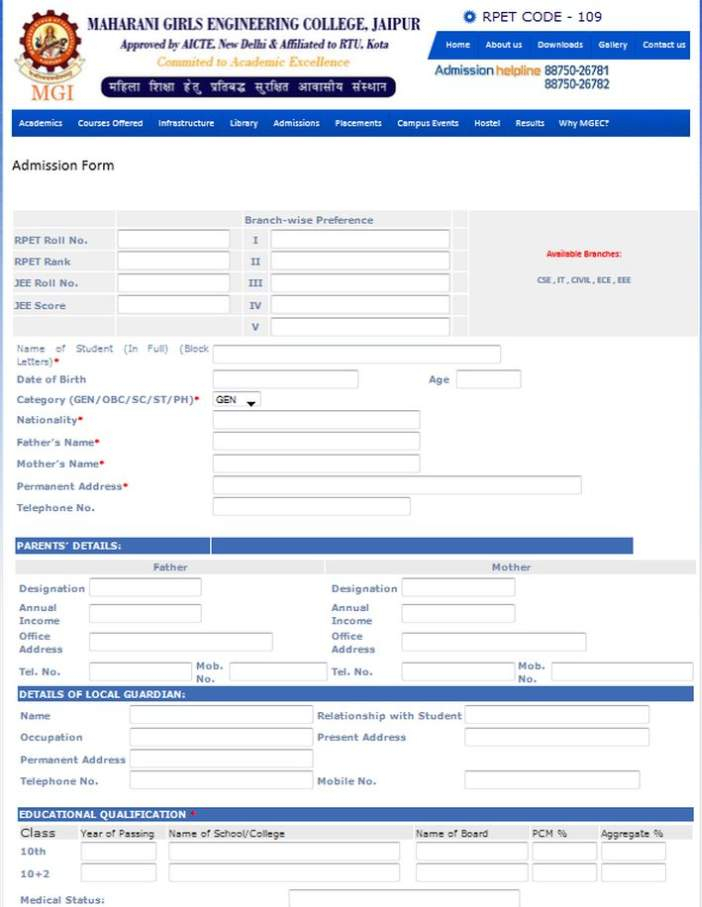 Online Admission Form For Maharani College Jaipur Admission Form