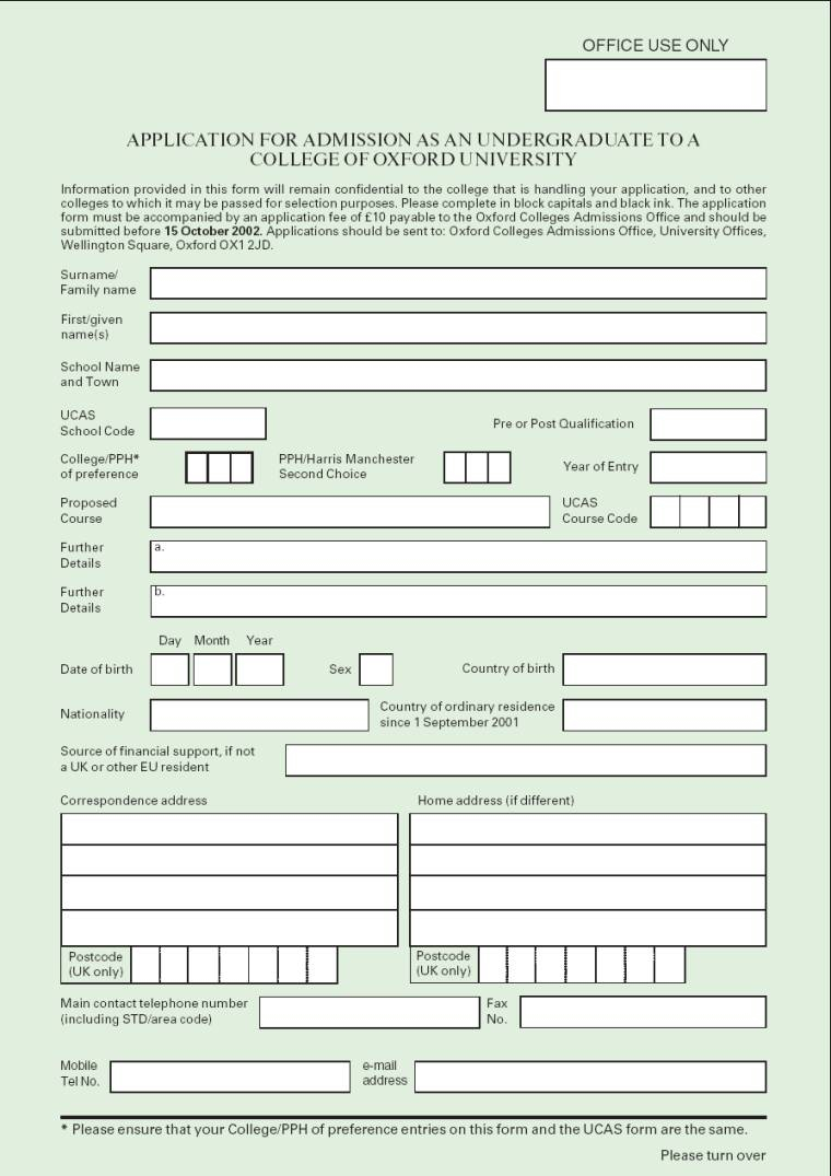 Oxford Application Form Front Page Studential