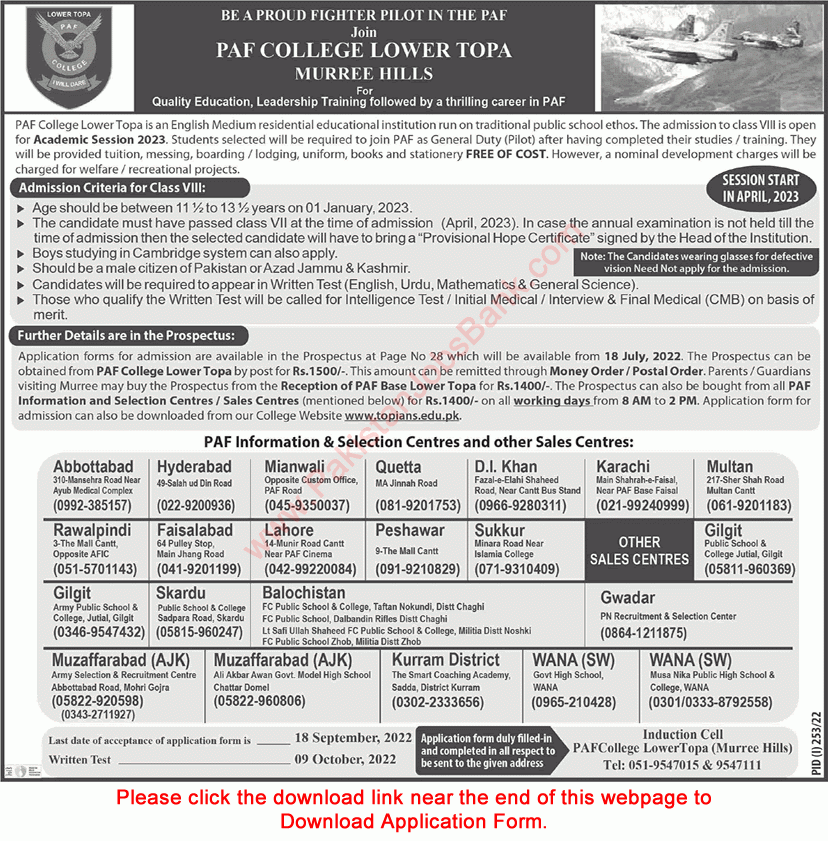 PAF College Lower Topa Murree Admission 8th Class 2022 2023 Join To Be