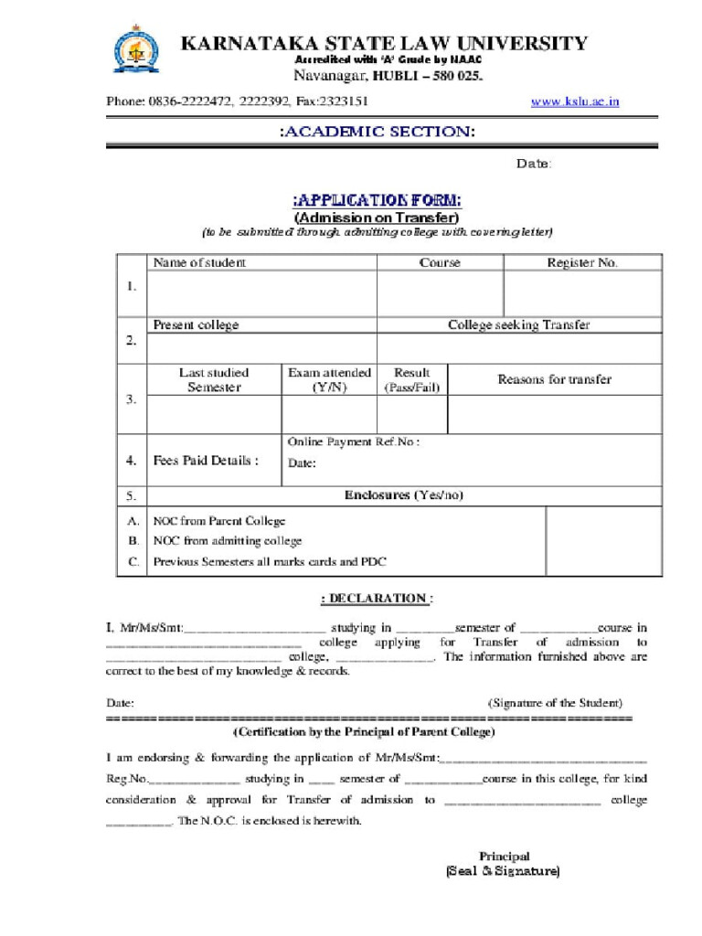  PDF KSLU Admission On Transfer Form PDF Download InstaPDF