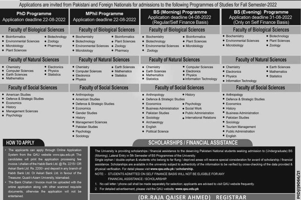 Quaid e azam University QAU Admission 2023 For PhD Programs