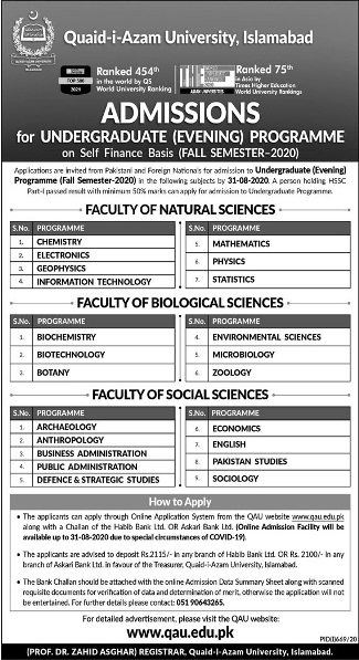 Quaid e azam University QAU Islamabad Admission 2020 Undergraduate